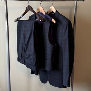 Red Saks Fifth Avenue 3 Piece Suit 40R 33W Trim Fit Wool Plaid Wedding Suit